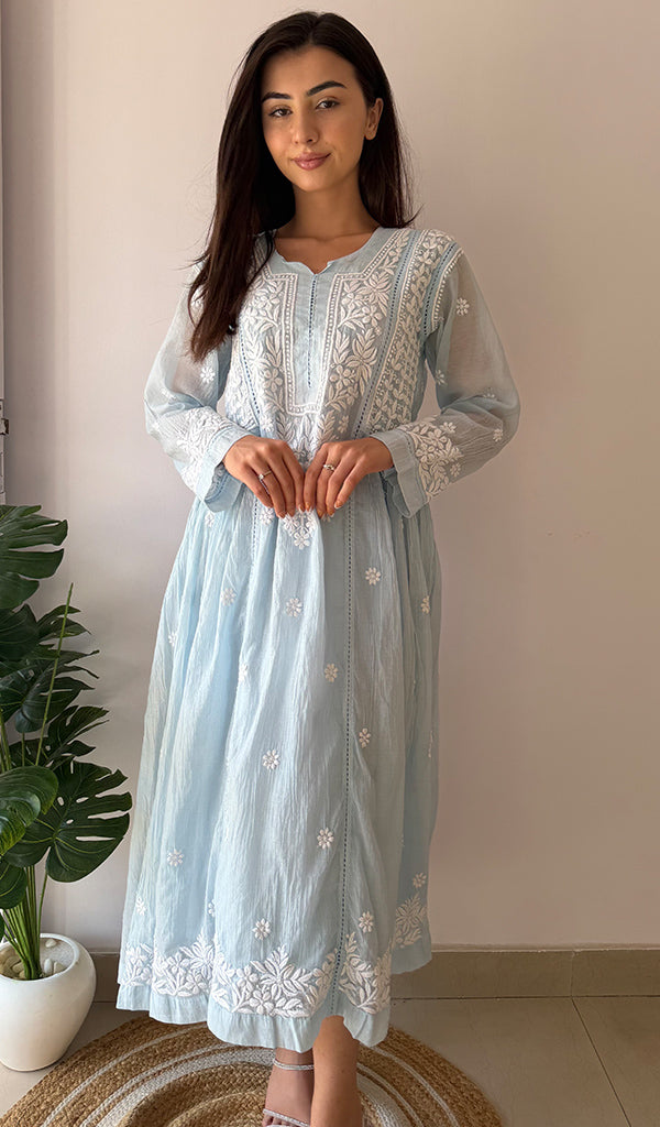 Fariah Women's Lucknowi Handcrafted Mul Chanderi Chikankari Kurti - HONC0272413