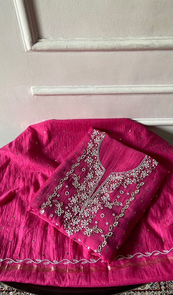 Women's Lakhnavi Handcrafted Mul Chanderi Unstitched Chikankari Full Suit - HONC0364041