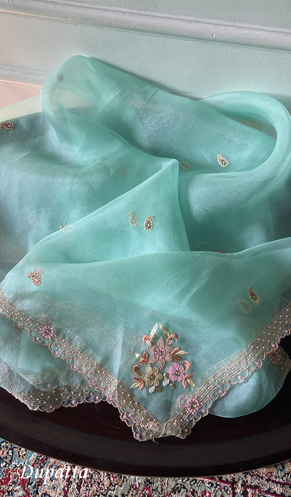 Women's Lakhnavi Handcrafted Pure Organza Chikankari Unstitched Kurta And Dupatta Set- HONC0290506