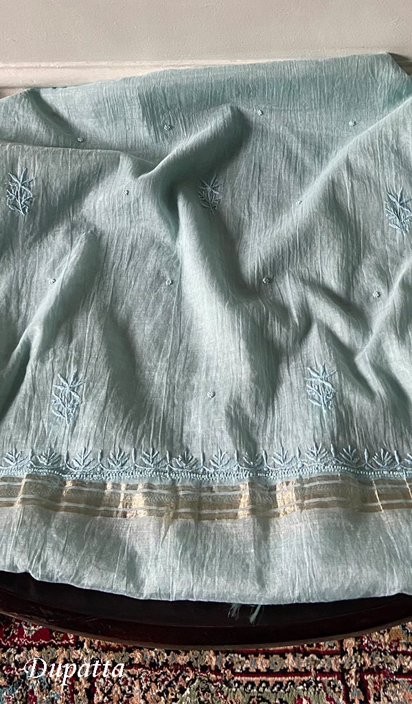 Women's Lakhnavi Handcrafted Mul Chanderi Unstitched Chikankari Full Suit Material - HONC0345045
