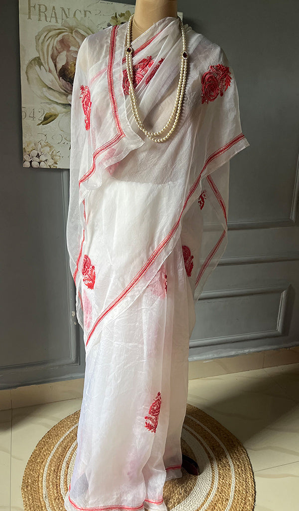 Women's Lucknowi Handcrafted Pure Organza Silk Chikankari Saree - HONC0295368