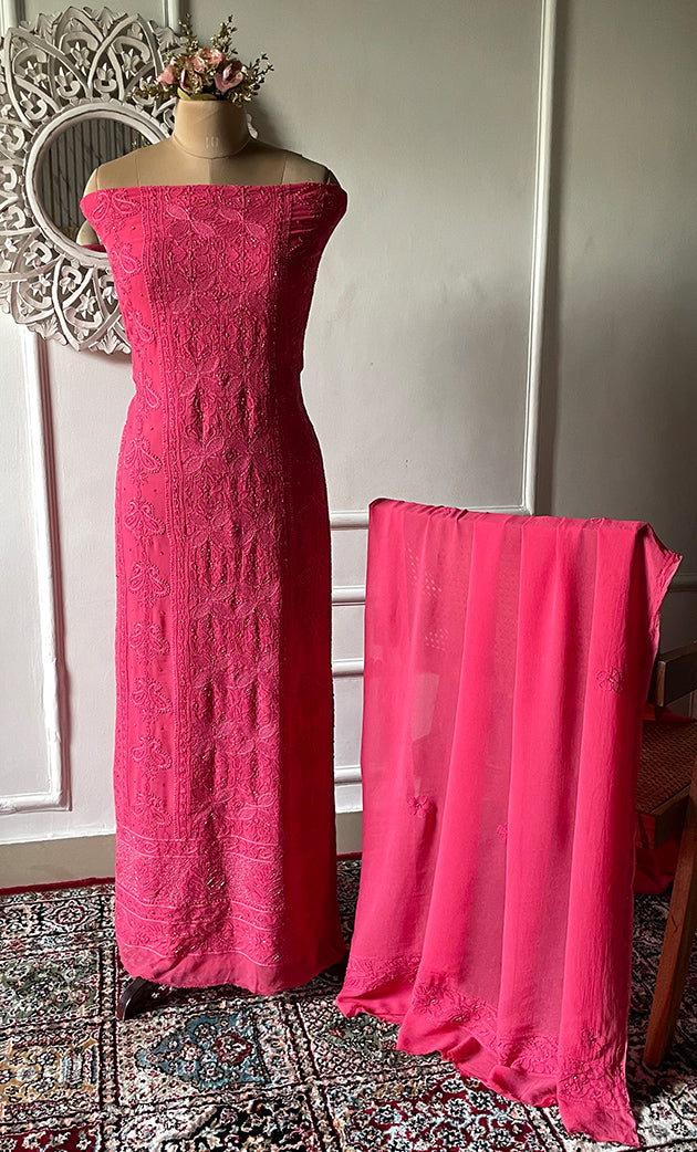 Women's Lakhnavi Handcrafted Viscose Georgette Chikankari Full Suit Material - HONC0299911