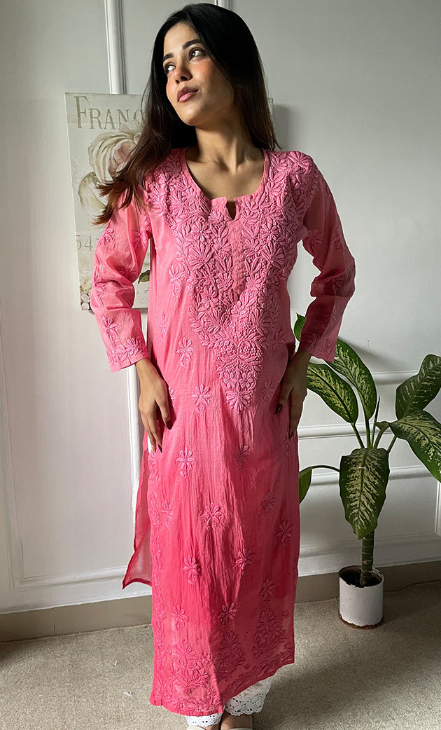 Women's Lucknowi Handcrafted Mul Chanderi Chikankari Kurti - HONC0308046