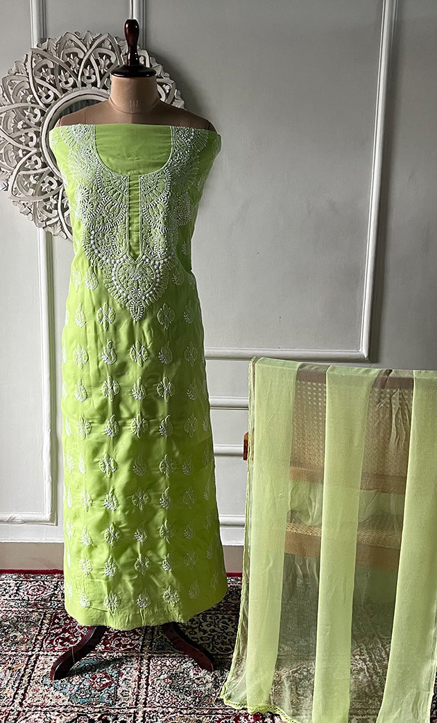 Women's Lakhnavi Handcrafted Unstitched Cotton Chikankari Suit Material - HONC0333967