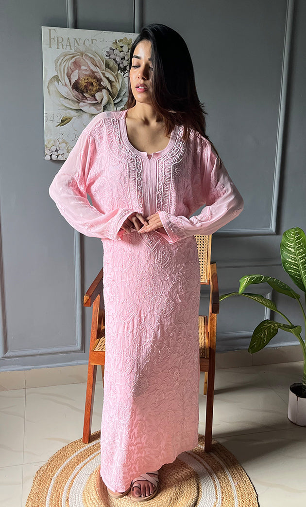 Women's Lakhnavi Handcrafted Viscose Georgette Chikankari Kurti- HONC0259096