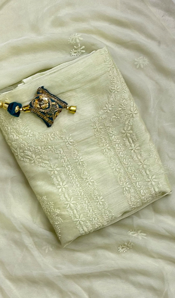 Lakhnavi Handcrafted Raw Silk Chikankari Suit Material - HONC0139731