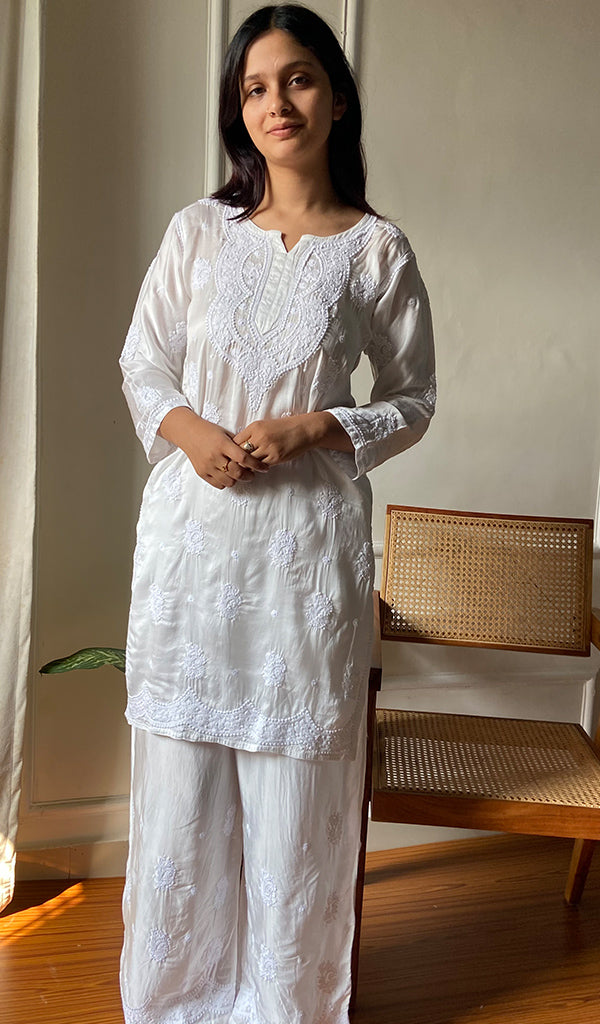 Women's Lakhnavi Handcrafted Modal Cotton Chikankari Short Kurta And Plazzo Set - HONC0290872