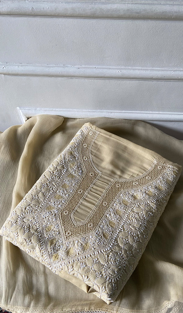 Women's Lakhnavi Handcrafted Cotton Unstitched Chikankari Suit Material - HONC0367380