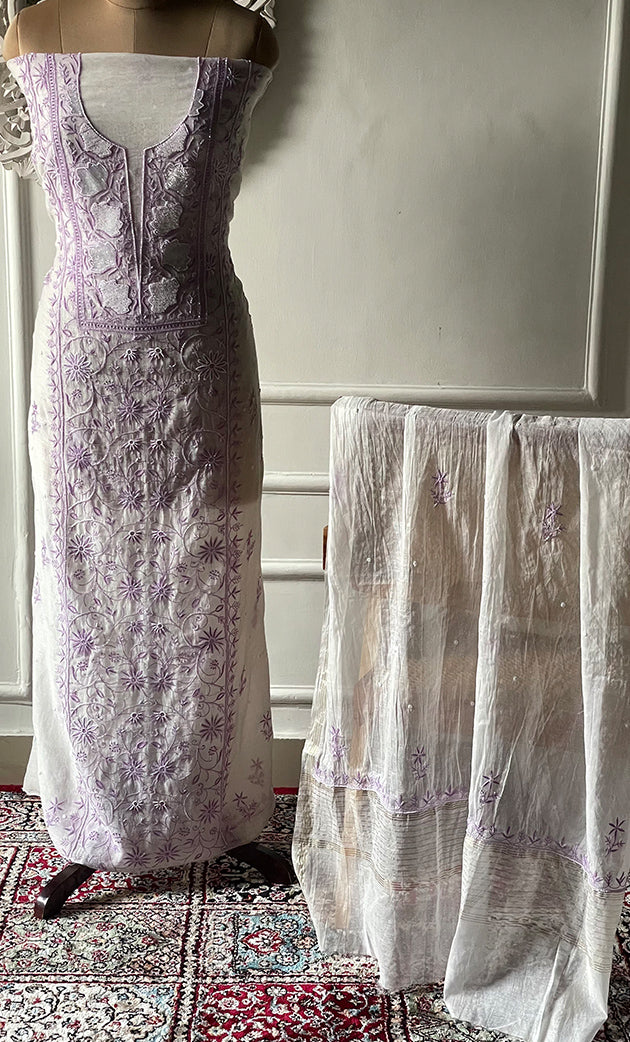 Women's Lakhnavi Handcrafted Unstitched Mul Chanderi Kurta And Dupatta Set - HONC0327491