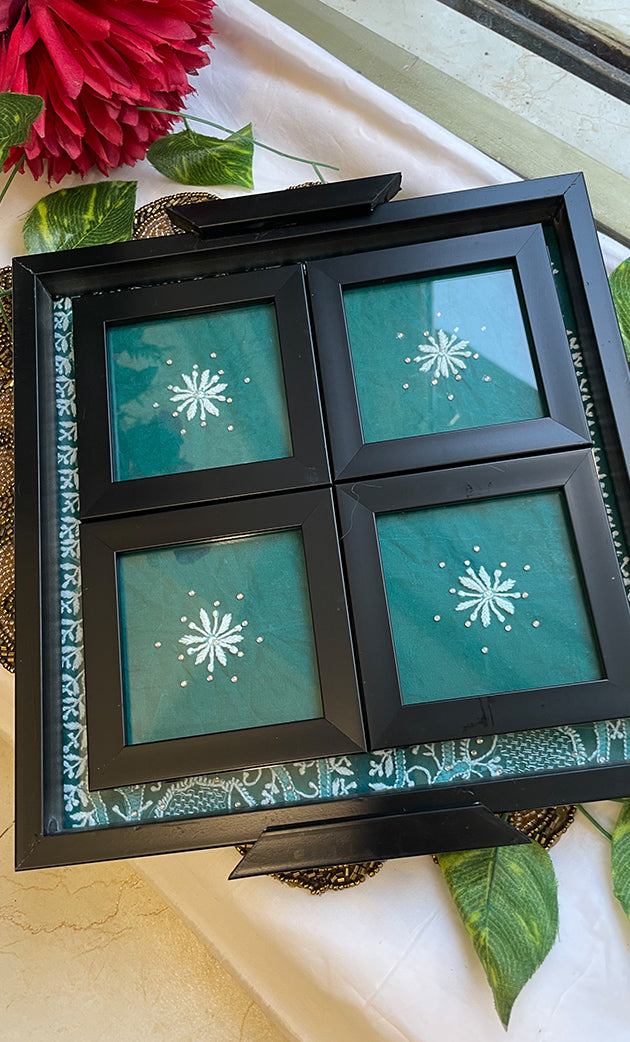 Handcrafted Chikankari Tray with Two Coasters – Wooden Frame - HONC0313503