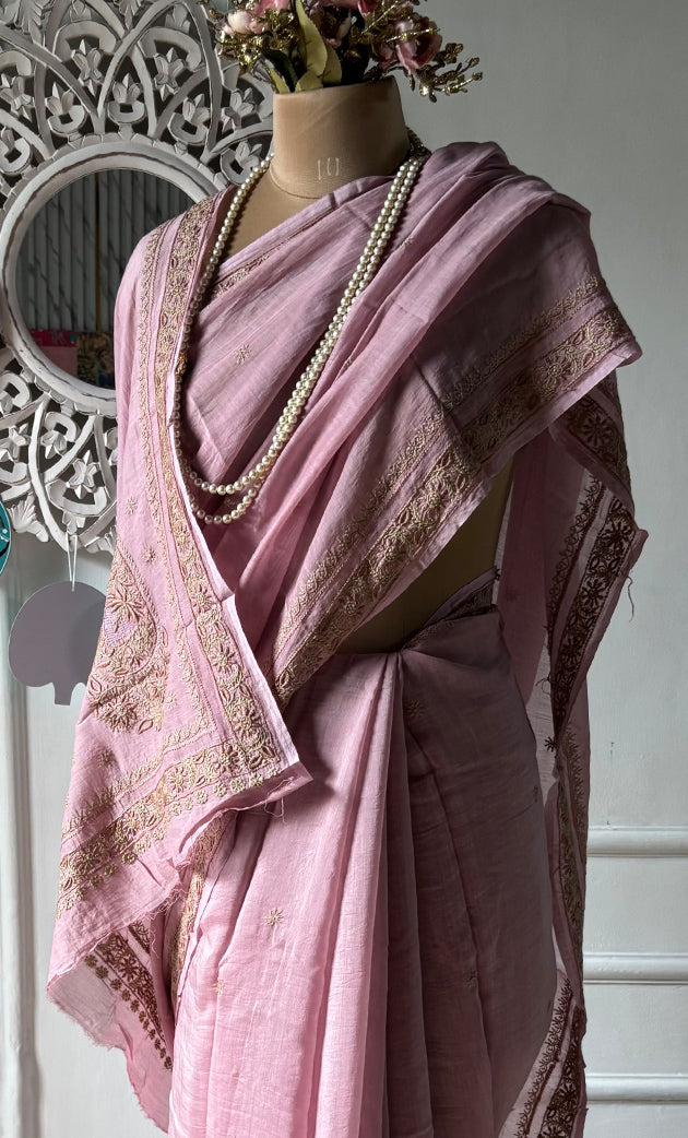 Women's Lakhnavi Handcrafted Mul Chanderi Chikankari Saree - HONC0312049