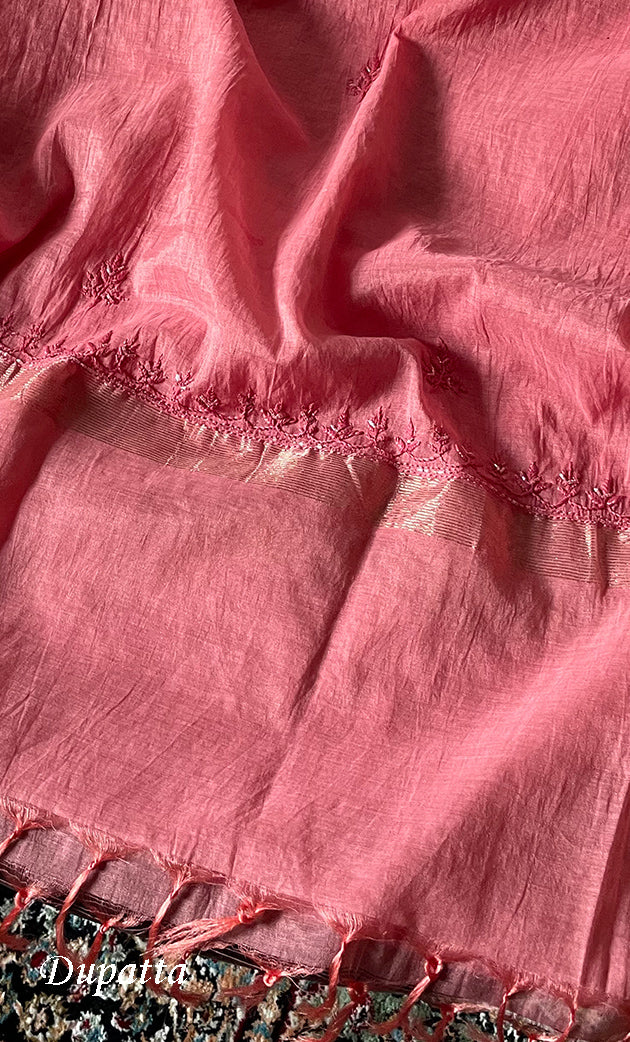 Women's Lakhnavi Handcrafted Mul Chanderi Unstitched Chikankari Full Suit Material - HONC0314654