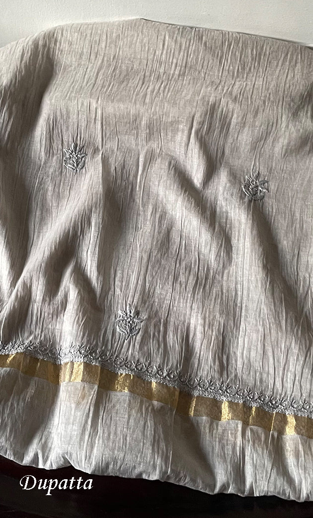 Women's Lakhnavi Handcrafted Mul Chanderi Unstitched Chikankari Full Suit Material - HONC0319531