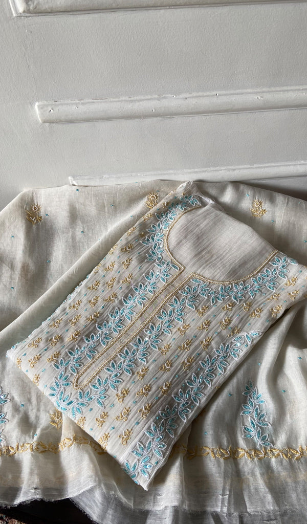 Saziya Women's Lakhnavi Handcrafted Mul Chanderi Semi - Stitchd Kurta And Dupatta Set - HONC0307231