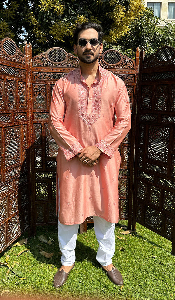 Men's Lucknowi Handcrafted Chanderi Chikankari Silk Kurta - HONC03224280