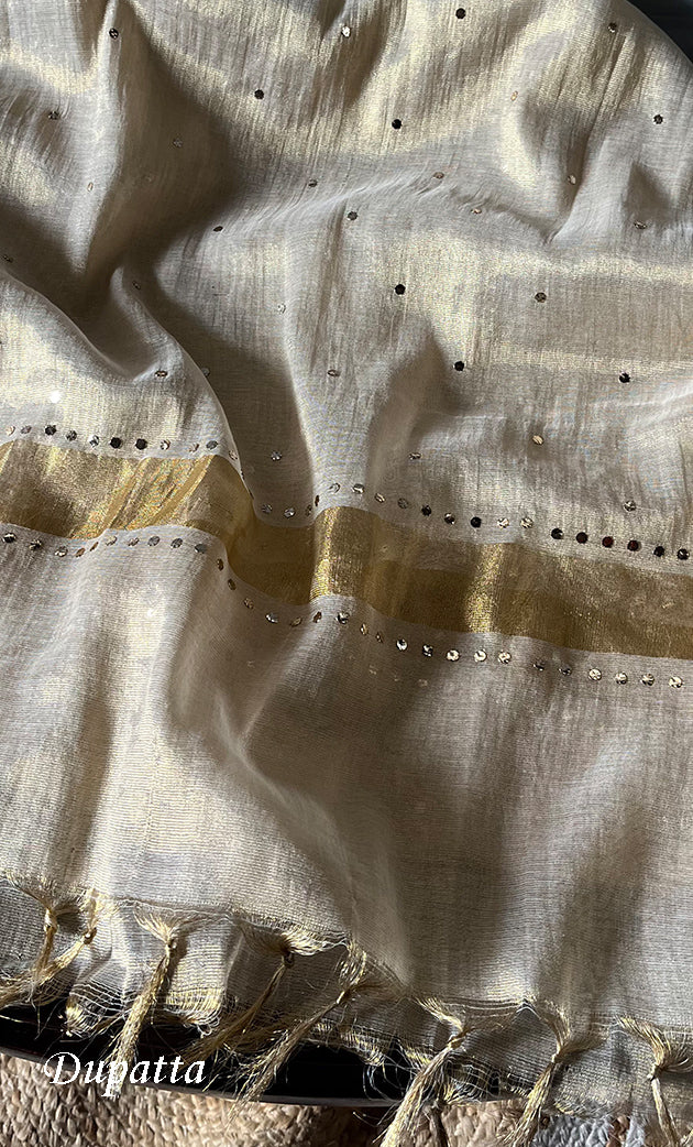 Women's Lucknowi Handcrafted Tissue Chanderi Chikankari Semi - Stitched Angrakha Dupatta Set- HONC0269236