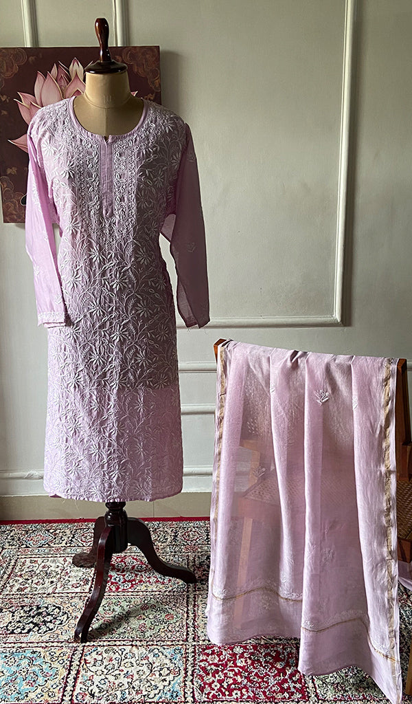 Women's Lakhnavi Handcrafted Chanderi Silki Semi - Stitched Kurta And Dupatta Set - HONC0371445
