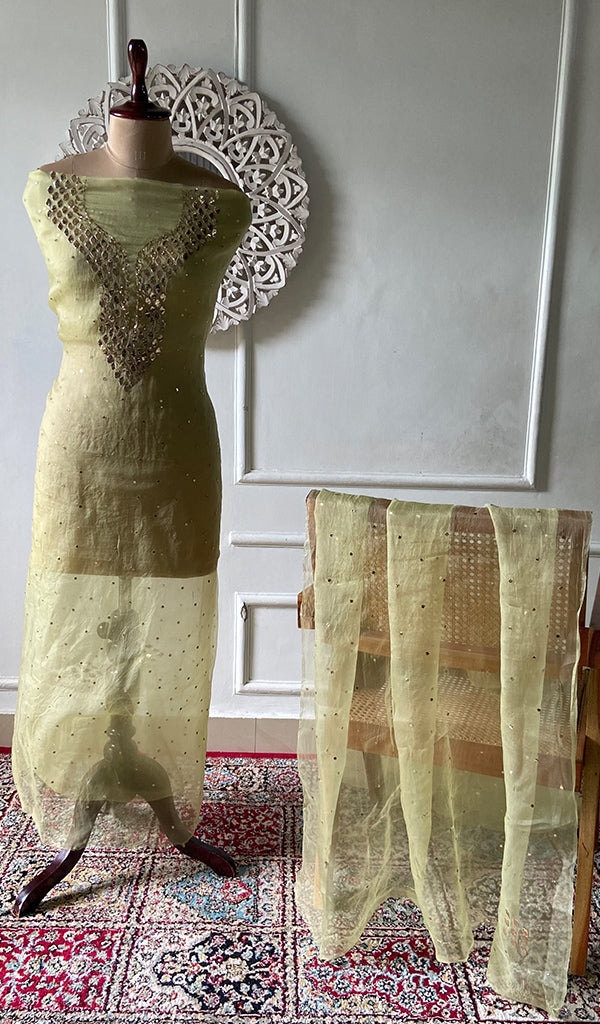 Alfia Women's Lakhnavi Handcrafted Pure Organza Chikankari Unstitched Kurta And Dupatta Set- HONC0378588