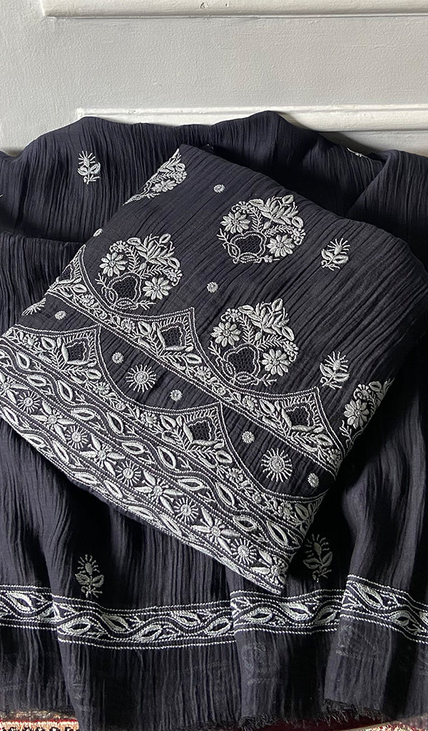 Women's Lakhnavi Handcrafted Mul Chanderi Unstitched Chikankari Full Suit Material - HONC0374241