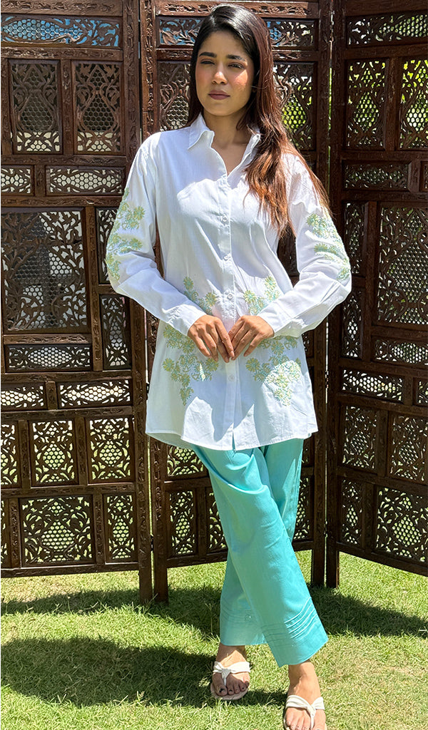 Women's Lakhnavi Handcrafted Cotton Chikankari Kurta And Pant Set - HONC0281771