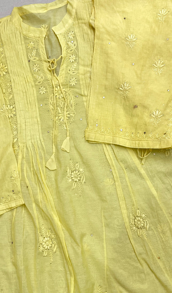 Siya Women's Lakhnavi Handcrafted Mul Chanderi Chikankari Semi - Stitched Kurta Palazo Set - HONC0193583