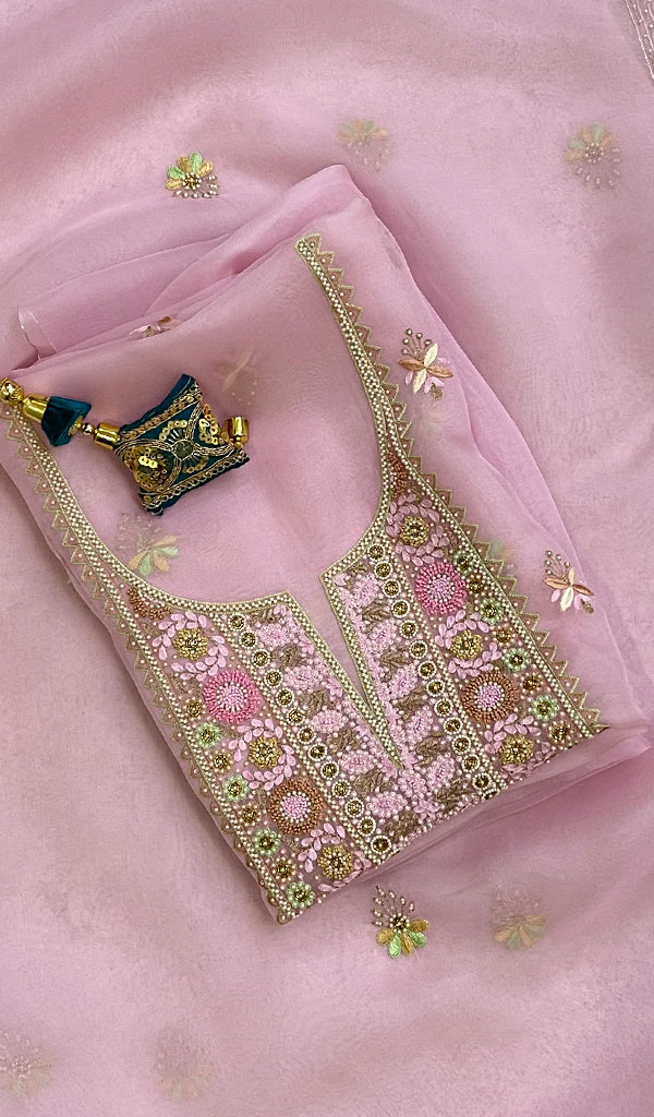 Women's Lakhnavi Handcrafted Pure Organza Chikankari Unstitched Kurta And Dupatta Set - HONC0104173