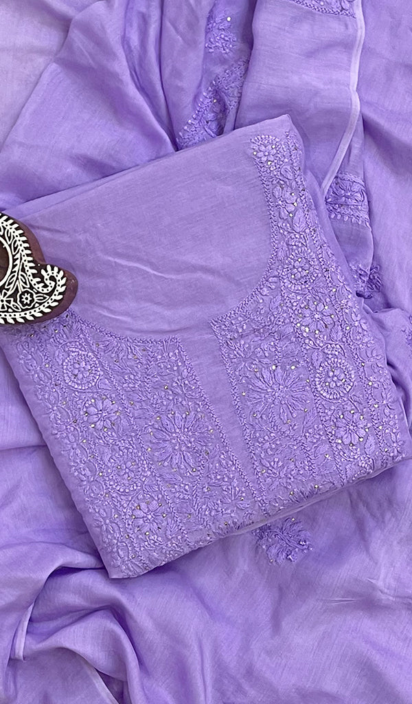 Women's Lucknowi Handcrafted Muslin Chikankari Suit Material - HONC0129616