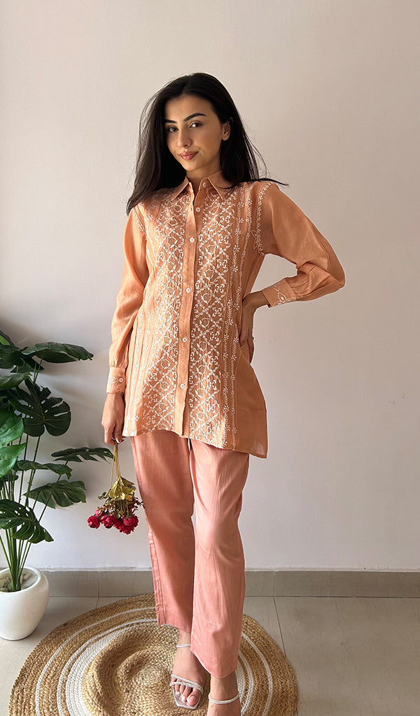 Sarah Women's Lakhnavi Handcrafted Chanderi Silk Chikankari Top And Pant Set - HONC0332567