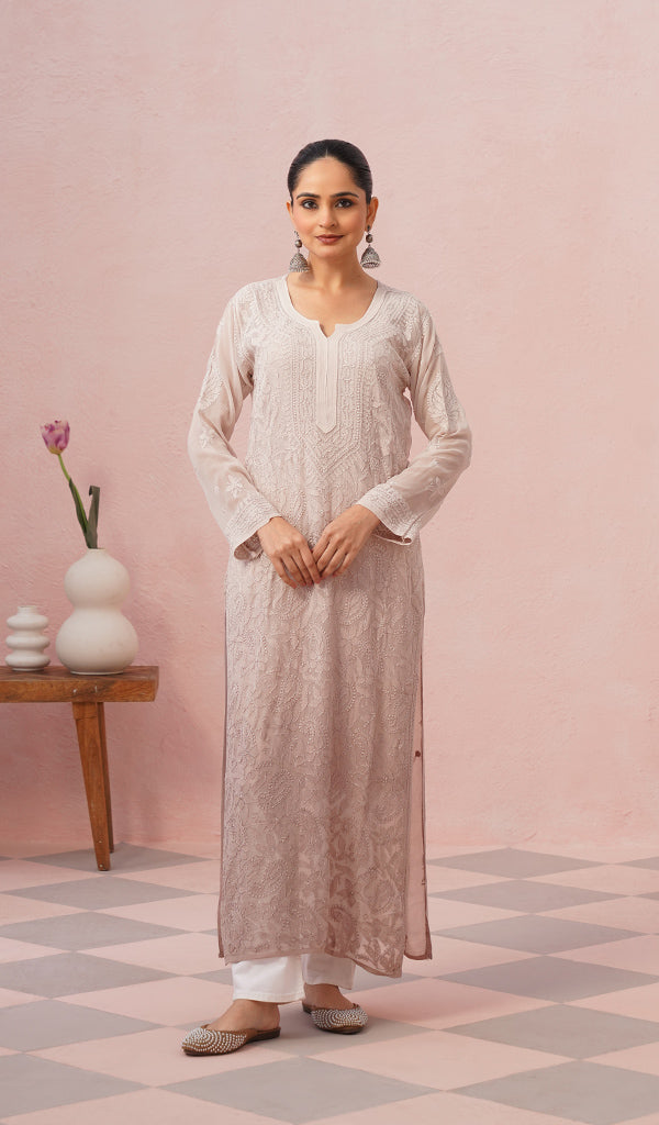 Safiya Women's Lakhnavi Handcrafted Viscose Georgette Chikankari Kurti - HONC04654925