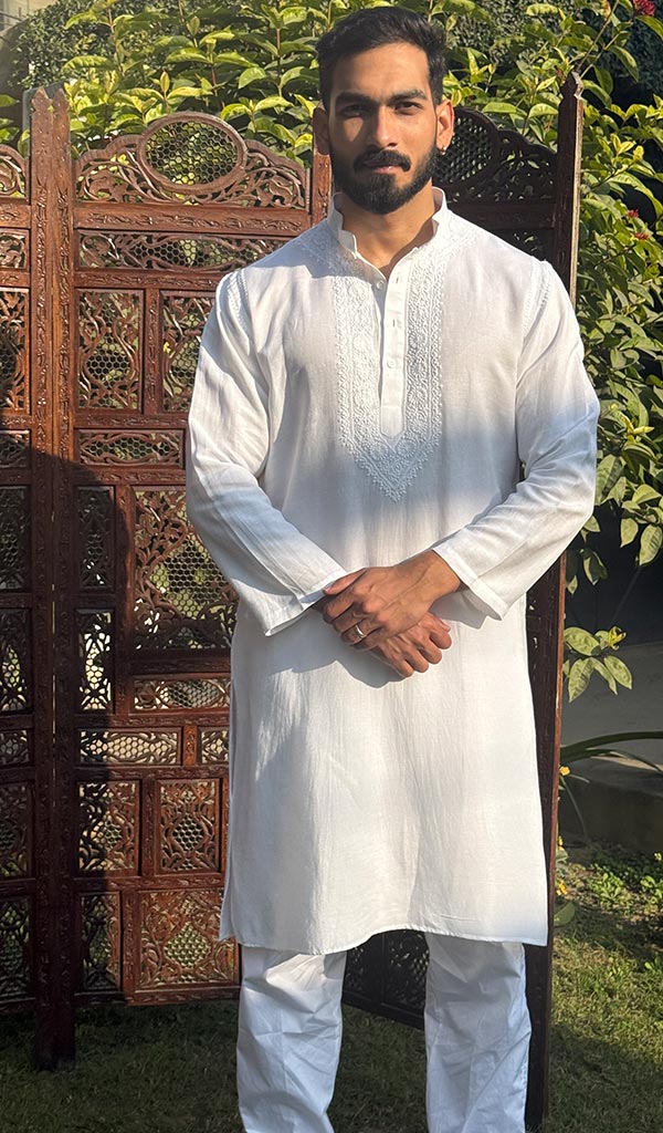 Men's Lucknowi Handcrafted Linen Cotton Chikankari Kurta - HONC0253037