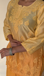 Anika Women's Lucknowi Handcrafted Chanderi Silk Chikankari Top with Farshi Salwar Set .