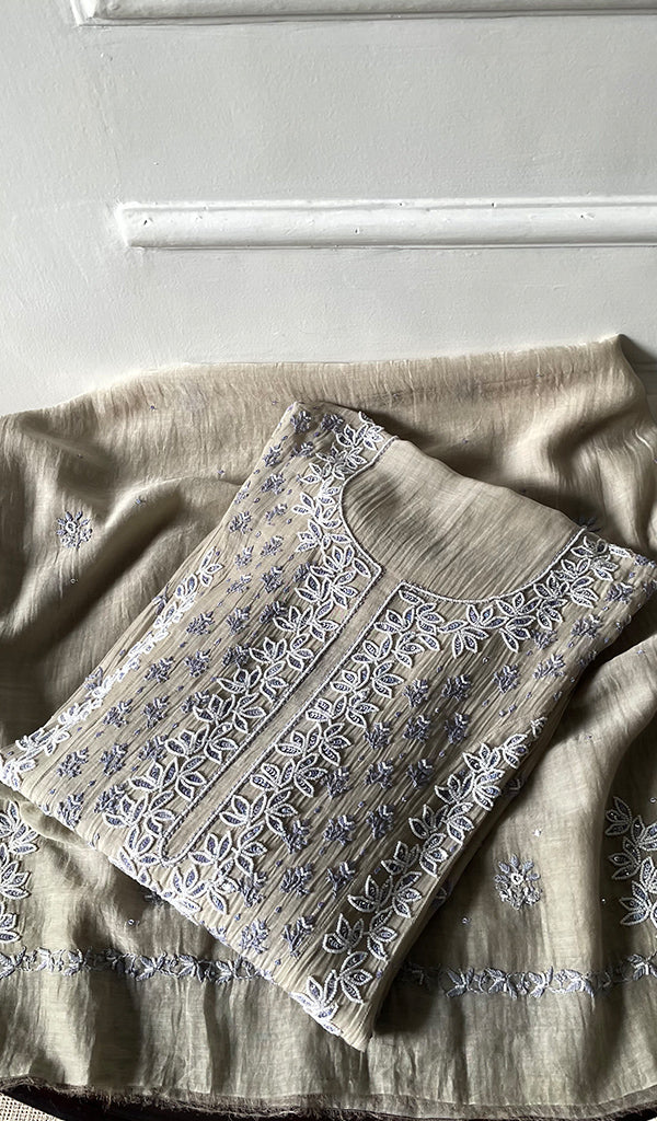Saziya Women's Lakhnavi Handcrafted Mul Chanderi Semi - stitched Chikankari Full Suit Material - HONC0321286