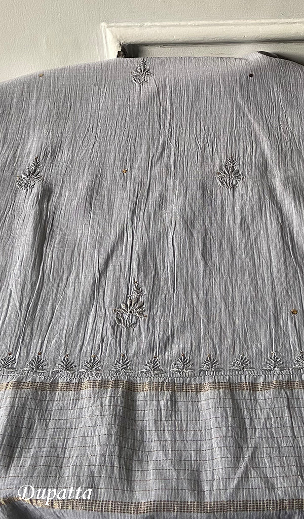 Women's Lakhnavi Handcrafted Maheshwari Mul Chanderi Unstitched Chikankari Full Suit Material - HONC0276232