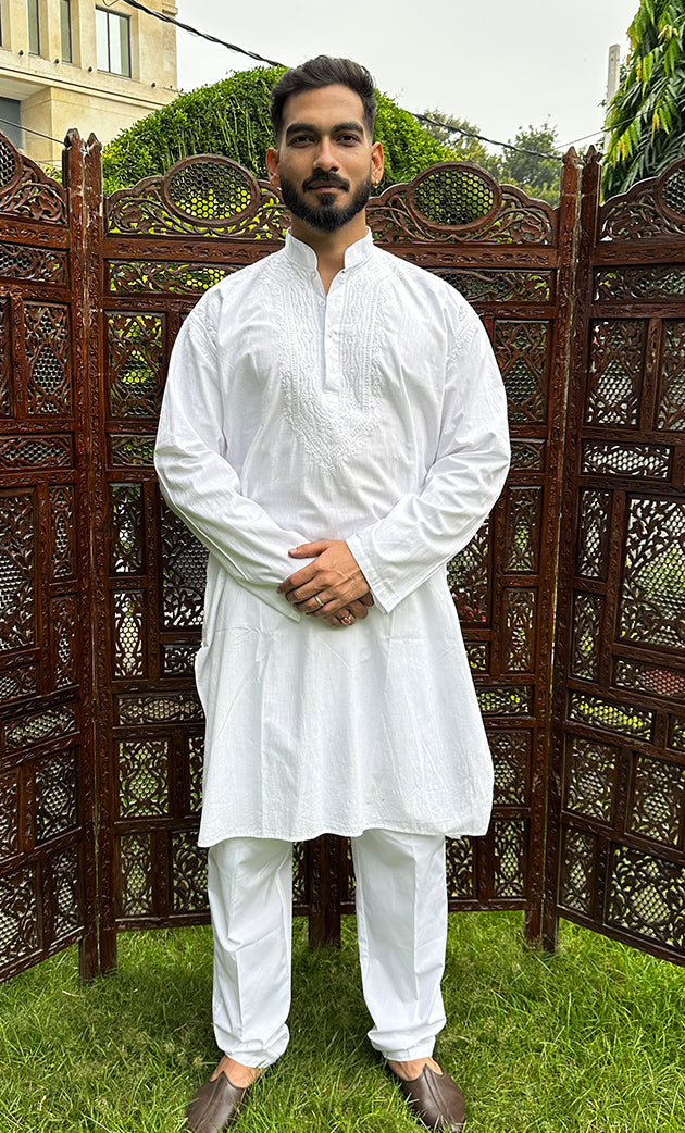 Men's Lucknowi Handcrafted Cotton Chikankari Kurta - HONC0315299