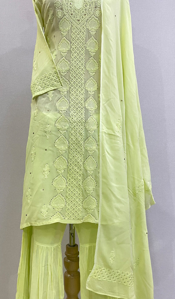 Shamya Women's Lucknowi Handcrafted Viscose Georgette Chikankari Kurta Palazzo With Dupatta Set - HONC0155074