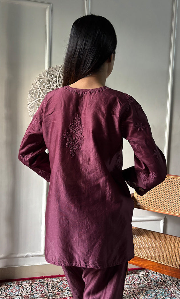 Imara Women's Lakhnavi Handcrafted Chanderi Silk Chikankari Top And Pant Set - HONC0340440