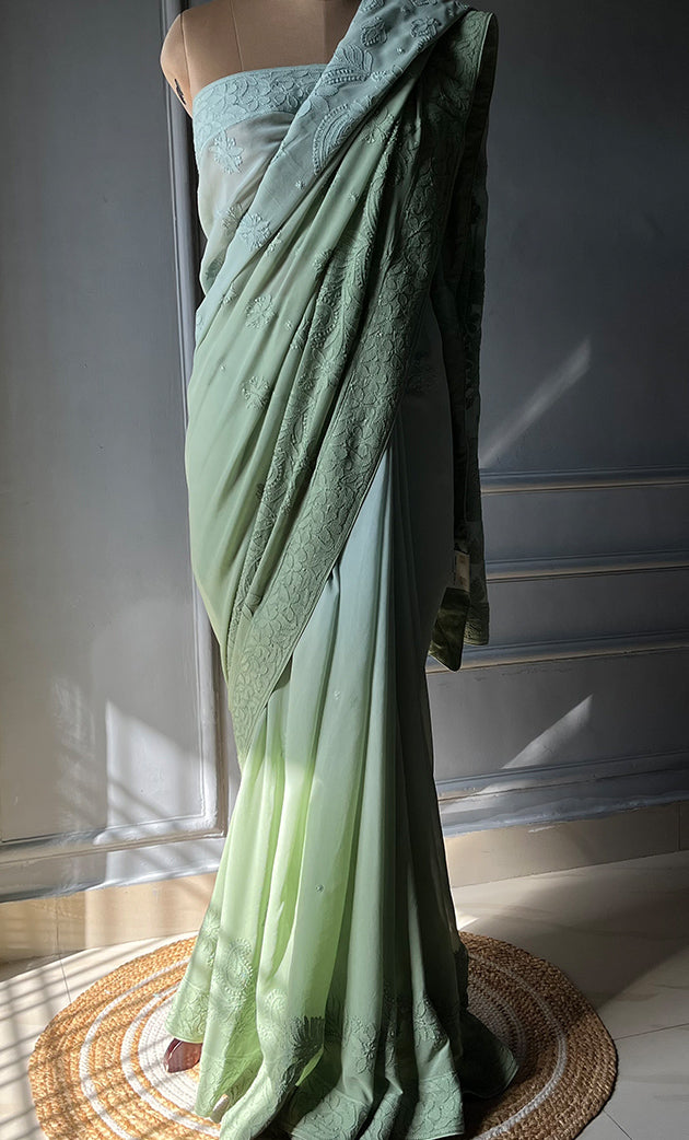 Women's Lakhnavi Handcrafted Viscose Georgette Chikankari Saree - HONC0301803
