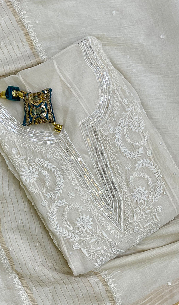 Women's Lakhnavi Handcrafted Mul Chanderi Chikankari Semi Stitched Kurta And Dupatta Set- HONC0148903