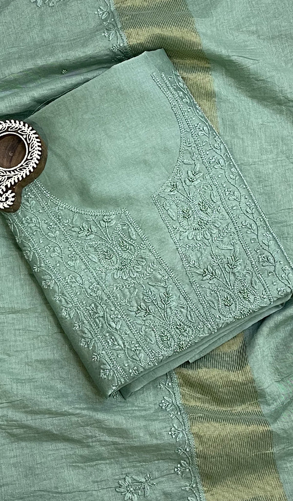 Women's Lakhnavi Handcrafted Chanderi Silk Chikankari Full Suit Material - HONC0170806