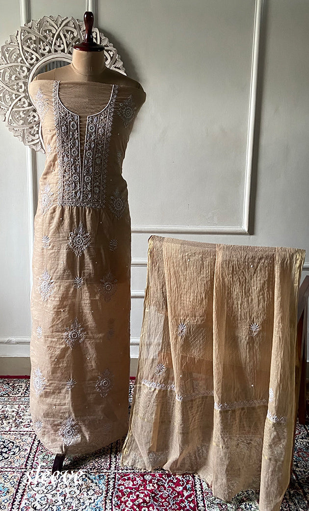 Women's Lakhnavi Handcrafted Mul Chanderi Unstitched Chikankari Full Suit Material - HONC0328323