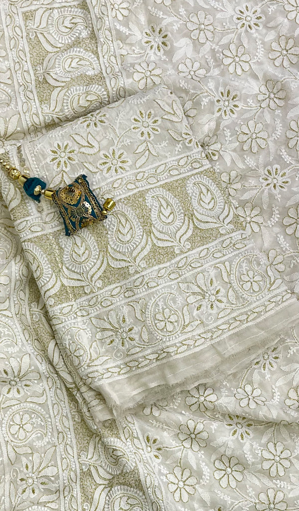 Women's Lakhnavi Handcrafted Bridal Pure Silk Georgette Chikankari Lehenga Set - HONC0155611