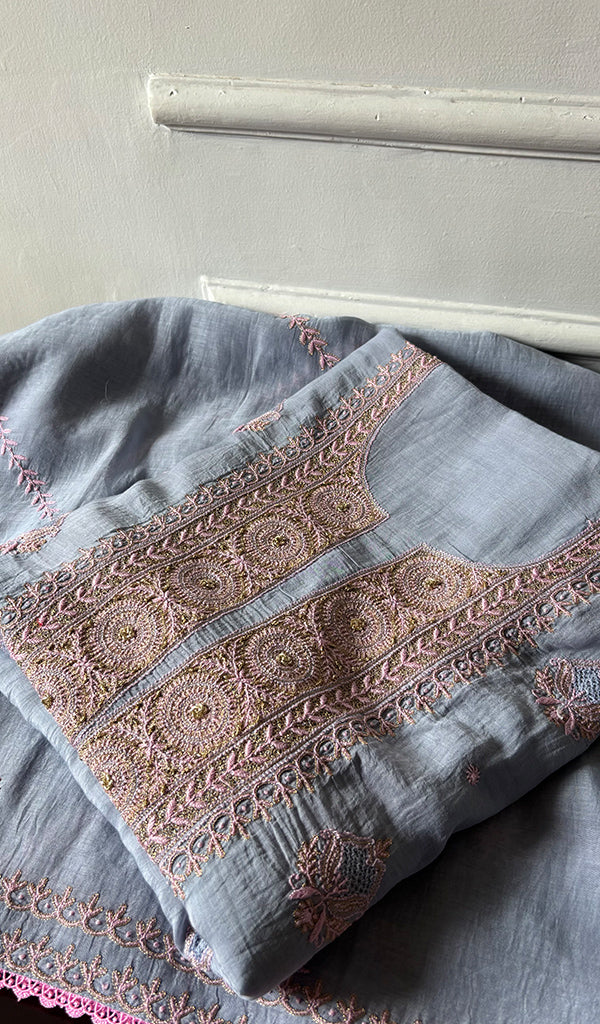 Women's Lakhnavi Handcrafted Mul Chanderi Unstitched Chikankari Full Suit - HONC0349091