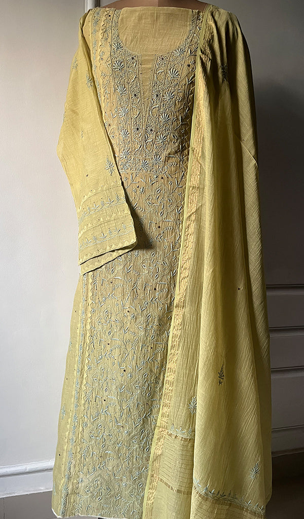Women's Lakhnavi Handcrafted Mul Chanderi Semi - Stitched Kurta And Dupatta Set - HONC0269047
