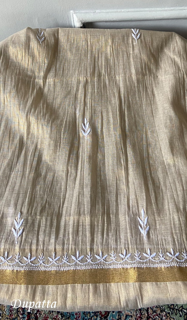 Women's Lakhnavi Handcrafted Tissue Chanderi Unstitched Chikankari Kurta And Dupatta Set - HONC0322415