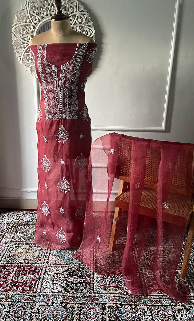 Women's Lakhnavi Handcrafted Pure Organza Chikankari Unstitched Kurta And Dupatta Set- HONC0288594