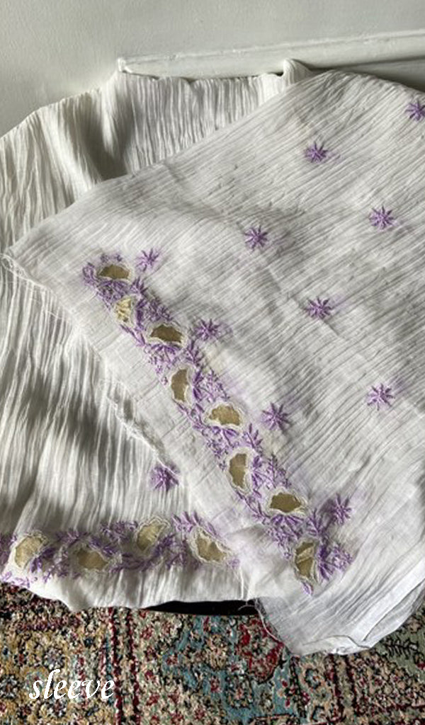 White Pure Mul Chanderi Chikankari 2 Pc Unstitched Suit Set — Lavender Multicoloured Work