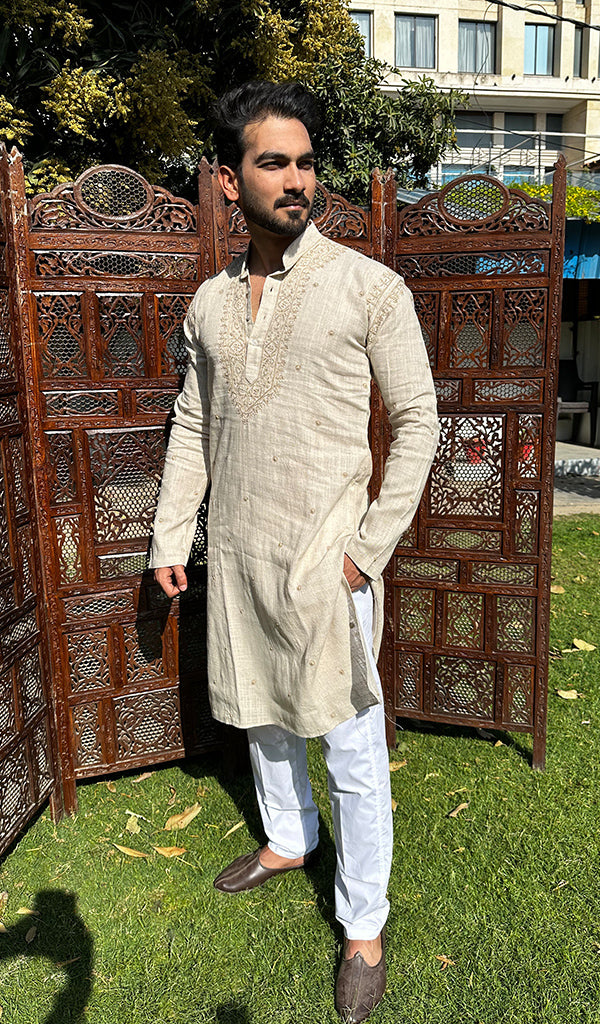 Men's Lucknowi Handcrafted Cotton Chikankari Kurta - HONC0337489