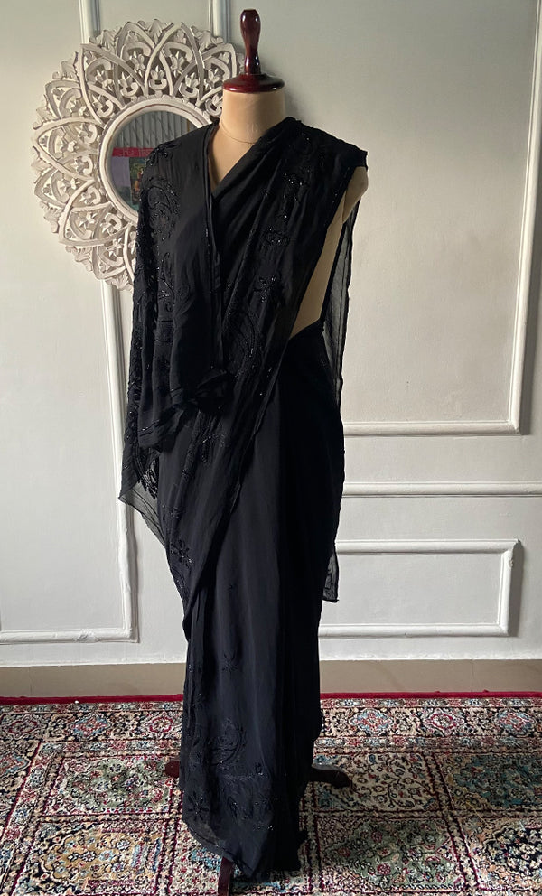 Women's Lakhnavi Handcrafted Viscose Georgette Chikankari Saree - HONC0256156