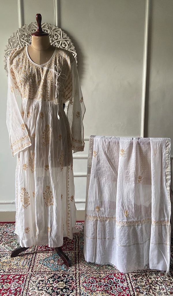 Women's Lakhnavi Handcrafted Mul Chanderi Semi - stitched Angrakha And Dupatta Set - HONC0300850