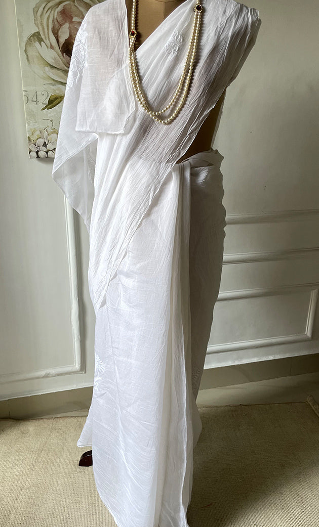 Women's Lakhnavi Handcrafted Mul Chanderi Chikankari Saree - HONC0300001